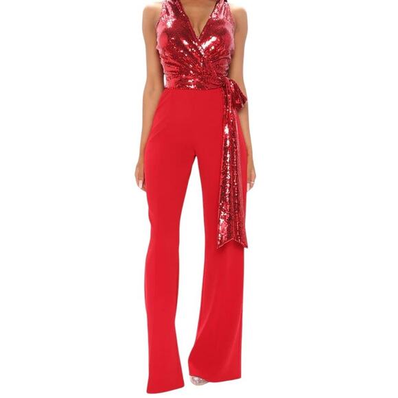 Fashion Nova Party Goer Red Sequin Side Bow Wide Leg Jumpsuit Small - Picture 1 of 8